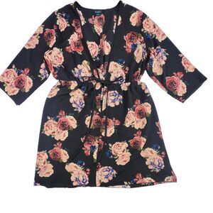 Rue + Cardigan 2X Black Floral Topper Tie Waist Kimono Romantic Flowy Duster